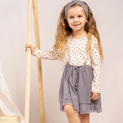 Момичешка рокля с тюл, дълъг ръкав, светла сьомга, SARA 68-146